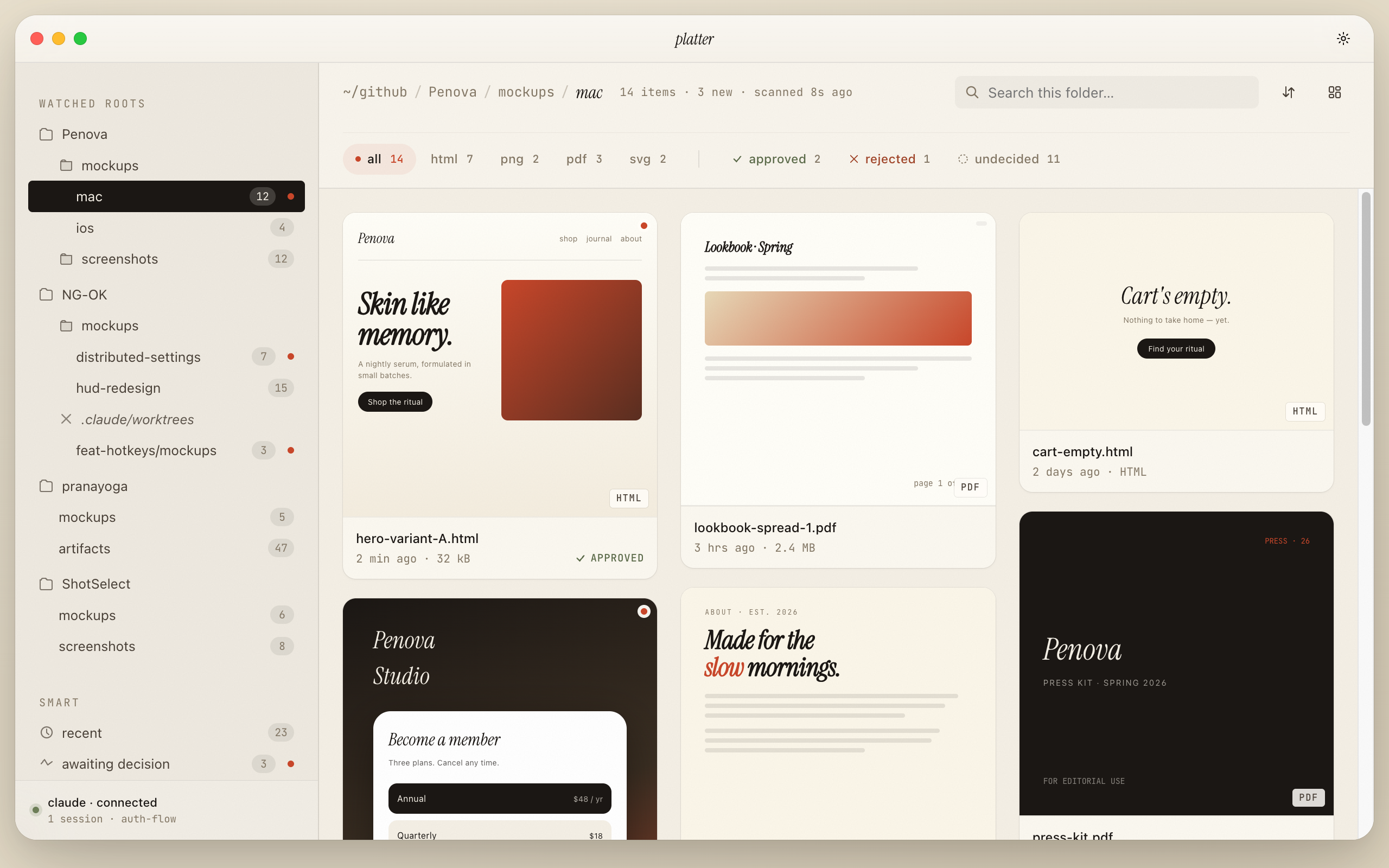Platter showing a Pinterest-style gallery of agent-generated mockups